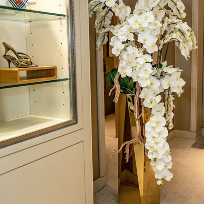 Cascading White Phalaenopsis Orchids In Gold Prism Planter