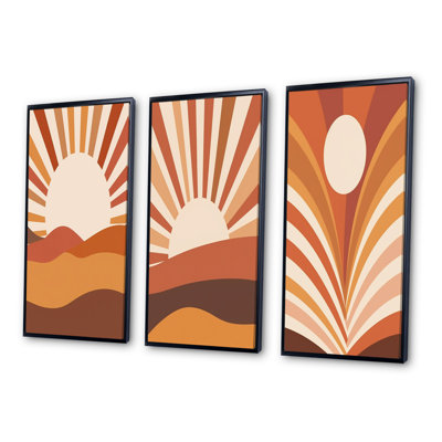 Retro Terracotta Sun Midcentury Landscape - Modern Midcentury Art Set Of 3 Pieces