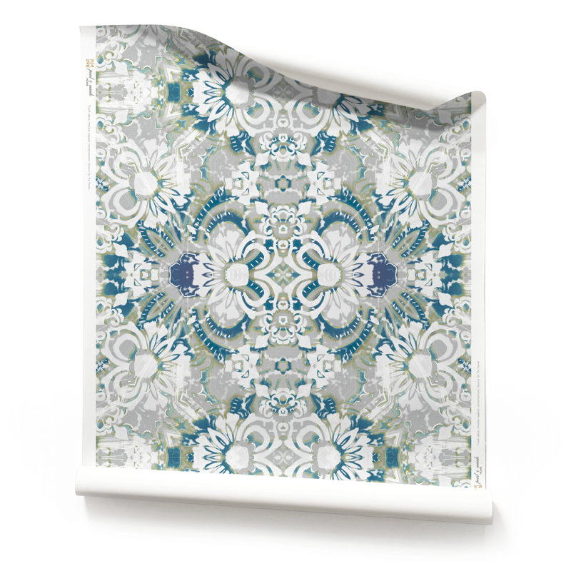 Carmen | Double rouleau de papier peint abstrait floral, Gris / bleu / blanc