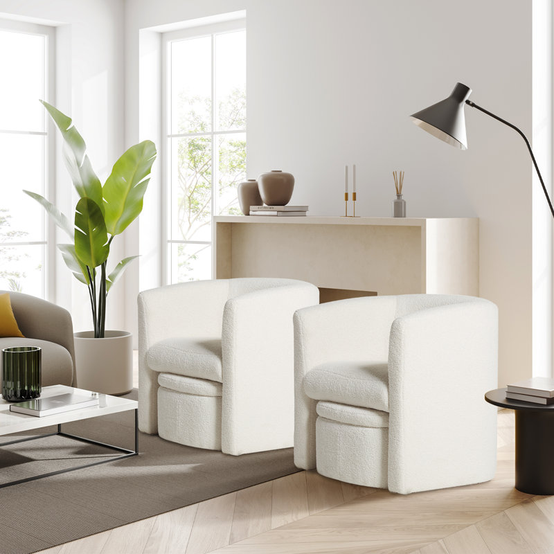 Kyah Upholstered Barrel Chair with Footstool, Cream Faux Fur