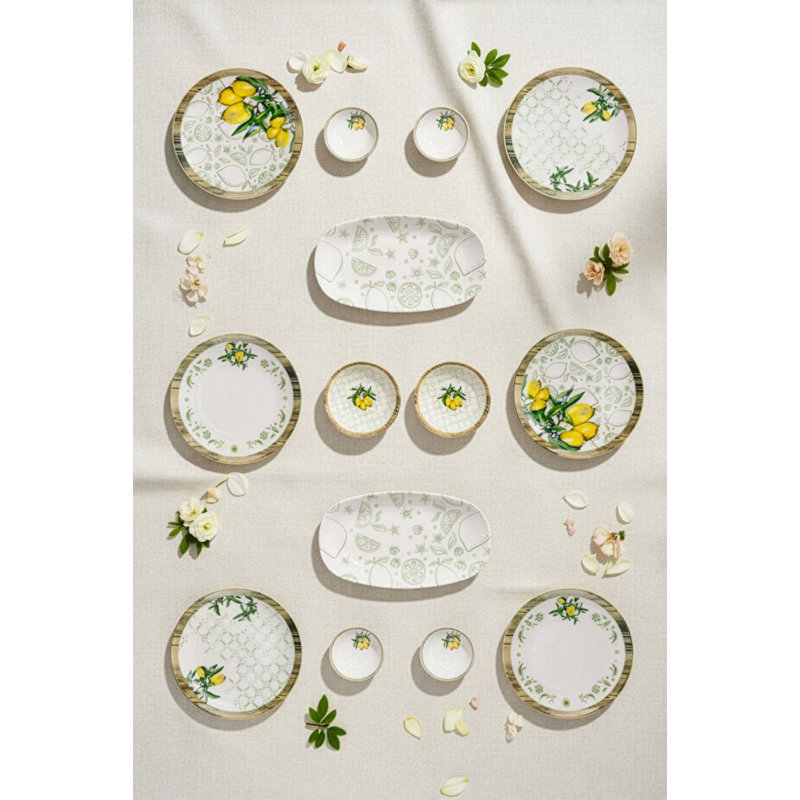 Elegant 14-Piece Breakfast Set, 100% Porcelain, Includes 6 Service Plates (7.5 in), 2 Bowls (5.1 x 5.1 x 1.6 in), 4 Joker Bowls (4.3 x 4.3 x 1.4 in), 2 Platters (9.4 x 5.5 in) | Dishwasher & Microwave Safe, Stylish White, Green & Yellow Design
