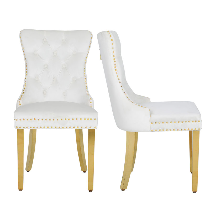 Chaises de salle à manger rembourrées avec dossier capitonné avec pieds en acier inoxydable, Blanc, Doré
