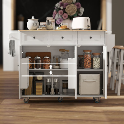 Rolling Kitchen Island with Charging Station and Drop Leaf, 53" Island Table with Wood Top, 3 Drawers, Adjustable Shelf, Spice & Towel Rack, Kitchen Cart on Wheels