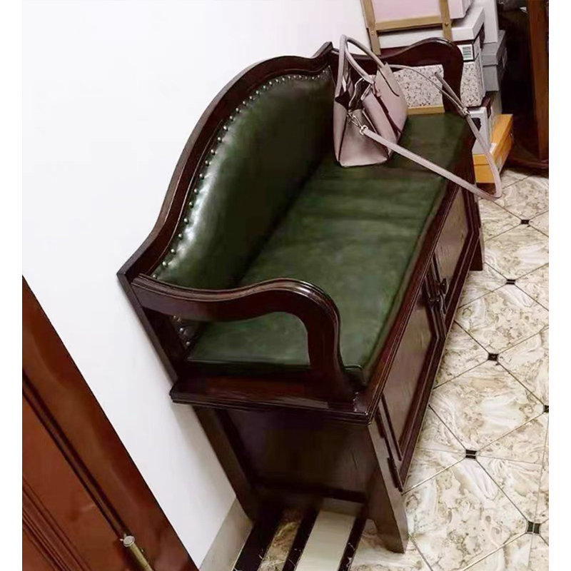 Traditional Solid Wood Shoe Bench with Leather Backrest, Green