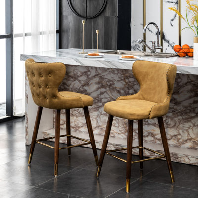 Mid-century Modern Counter Stool In Yellow - Curved Seat, Fabric Upholstery, Nailhead Trim, Gold Footrest Mid-century Style (2 Pieces) Faux Leather , Walnut Legs, Golden Foot Rest