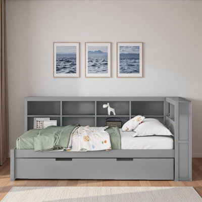 Wooden Daybed With Twin Size Trundle, Storage Shelf And Usb Charging Ports