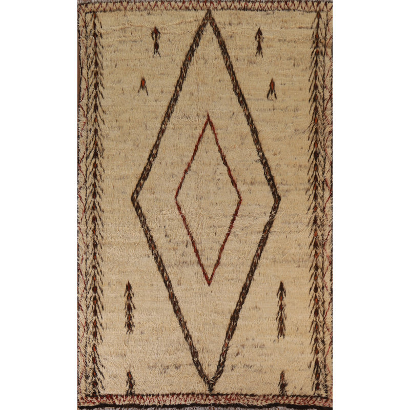 Tapis beige en laine noué à la main de conception unique 6 pi 8 po x 9 pi 7 po New Age