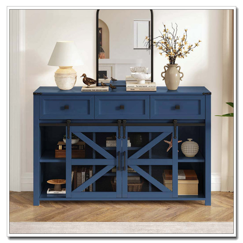 Sliding Barn Door Sideboard With 3 Drawers, Particle Board & Storage Cabinet With Aluminum Handles & For Living Room, Dining Room