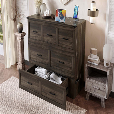 Structure de lit escamotable Murphy avec station de charge, base de lit plateforme pliable multifonctionnelle avec 1 grand tiroir avec rangement pour chambre d'amis, petite chambre à coucher, gris rustique