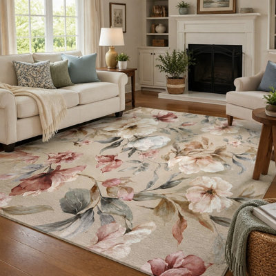 1Pcs Vintage floral print rug - artistic watercolor flowers, soft plush, large area floor mat, non-slip backing, ideal for living room, bedroom, home decor for home detor