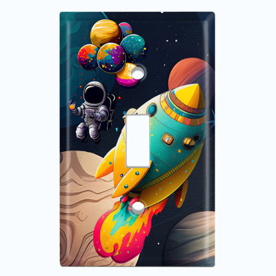 Metal Light Switch Plate Outlet Cover (Colourful Animated Astronaut Space Ship - Single Toggle)