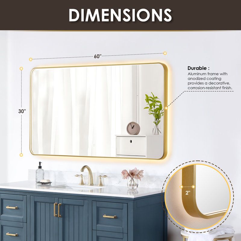 Miroir de salle de bain Digo, 30 po x 60 po, Or brossé