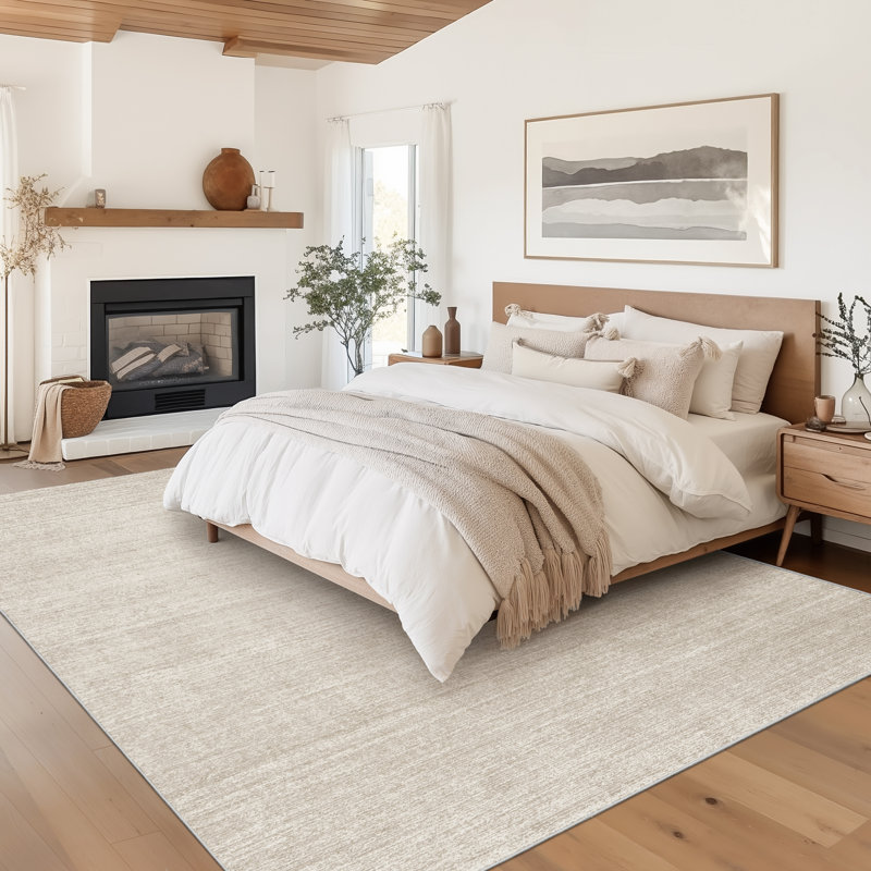 Tapis lavable à rayures rétro antidérapant (beige), Rectangulaire 8 pi x 10 pi, Beige