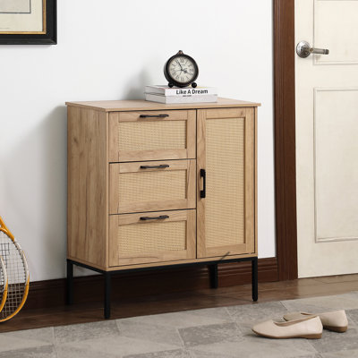 Armoire de rangement à 3 tiroirs de style Mid-Century avec portes ornées et tablettes réglables, pour un usage domestique