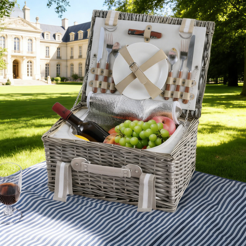 Grey Insulated Wicker Picnic Basket For 2, Portable Cooler Hamper With Lid & Built-In Storage, Ideal For Outdoor Gatherings, Camping, And Day Trips