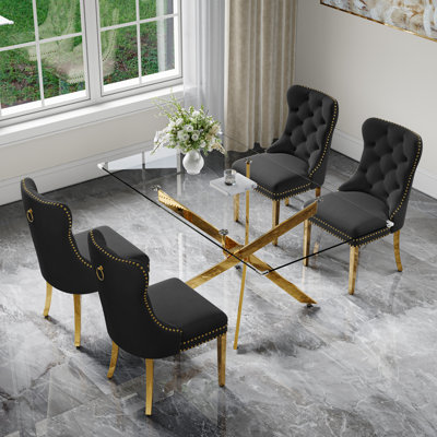 Ensemble de salle à manger 5 pièces Modern Glam avec table en verre trempé et 4 chaises rembourrées en velours