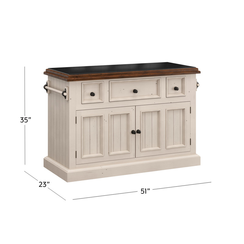 Harpenden Solid Wood Kitchen Island with Locking Wheels, Country White/Black