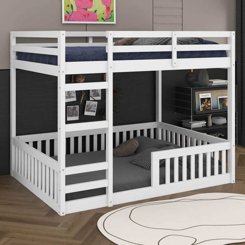 Full Over Full Wood Bunk Bed With Ladder And Guardrails, Solid Wood Bed Frame For Bedroom, Guest Room, White