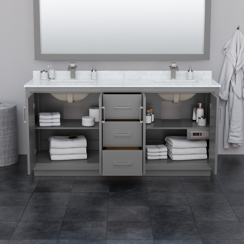 Icon 72" Double Bathroom Vanity Set, Dark Gray, Carrara, Brushed Nickel