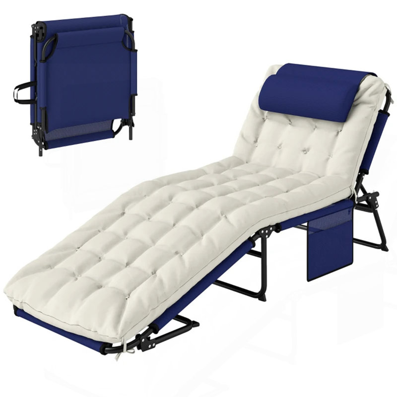 Chaise longue d'extérieur, chaise longue pliante, Noir / bleu marine / blanc