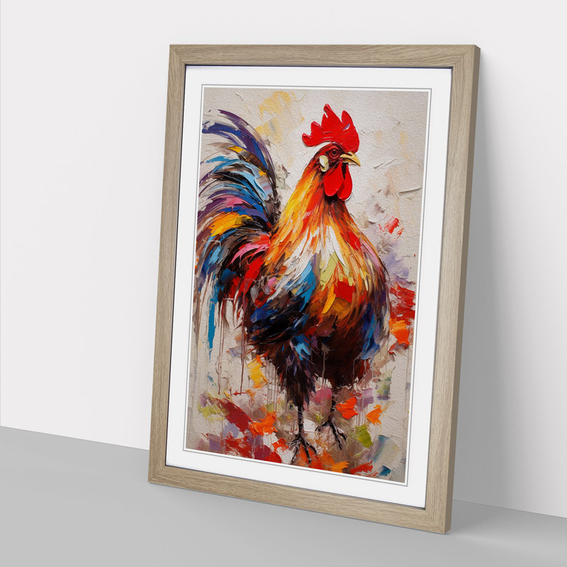 Rooster Gestural - Single Picture Frame Print on Wood, Oak, 46cm H x 34cm W x 2cm D
