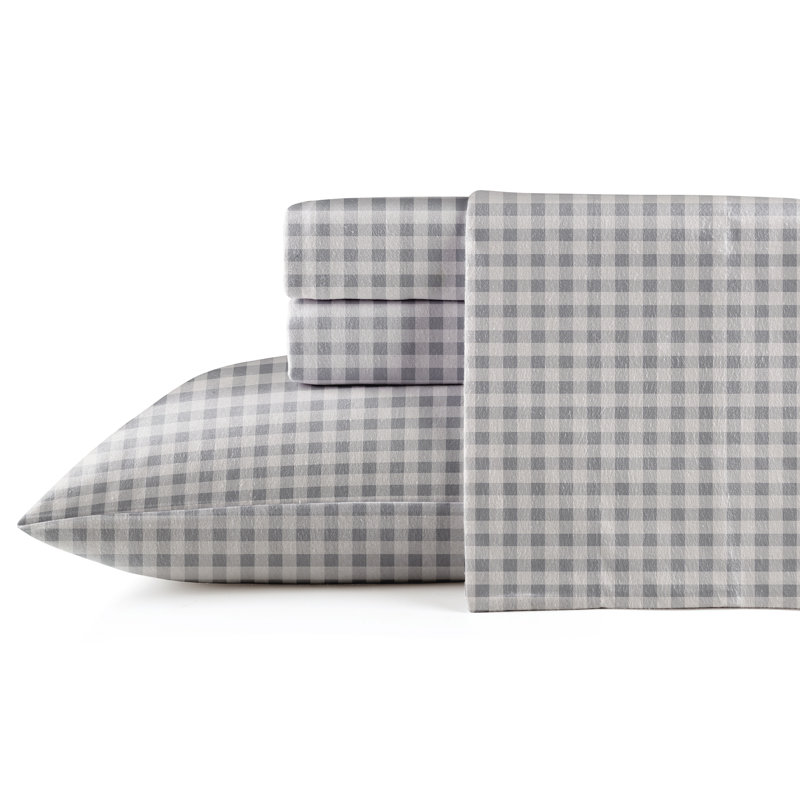 Pointehaven  Plaid 100% Cotton Flannel Sheet Set, Twin XL Sheet Set + Fitted Sheet + 2 Pillowcases, White, Gray Farmhouse