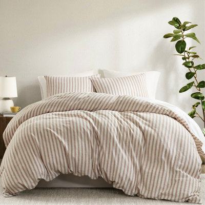 Couette pour très grand lit 3 pièces - Produit en coton et en rayonne de lin naturel, sommeil confortable, attrait sophistiqué, tissu lavable à la machine, peau, fraîcheur naturelle, douceur au toucher, motif à rayures intemporelles, toutes saisons