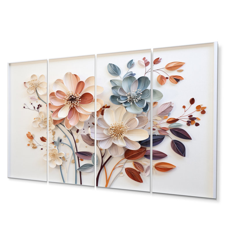 Collage botanique blanc sur métal, reproduction de 4 pièces