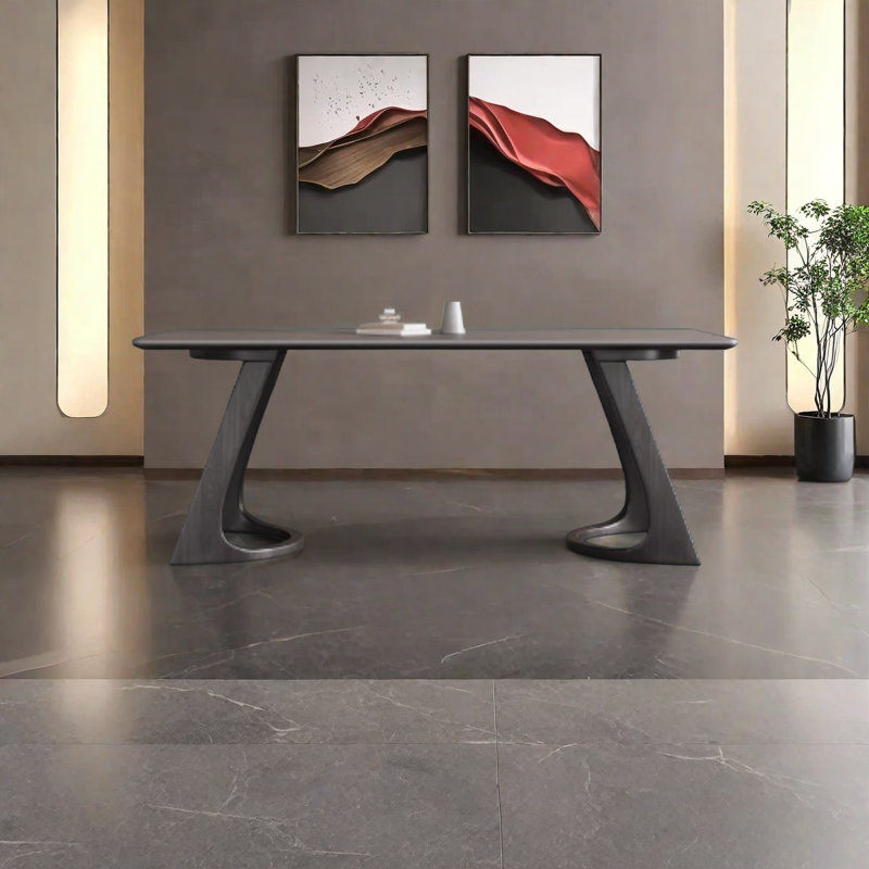 Table en pierre frittée avec base en bois de frêne massif, H 29,5 po x L 55,1 po x l 31,4 po, Noir, Gris