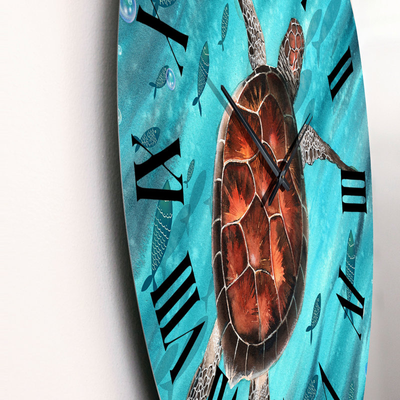 Tortue de mer colorée nageant I - horloge murale nautique et côtière, Surdimensionné