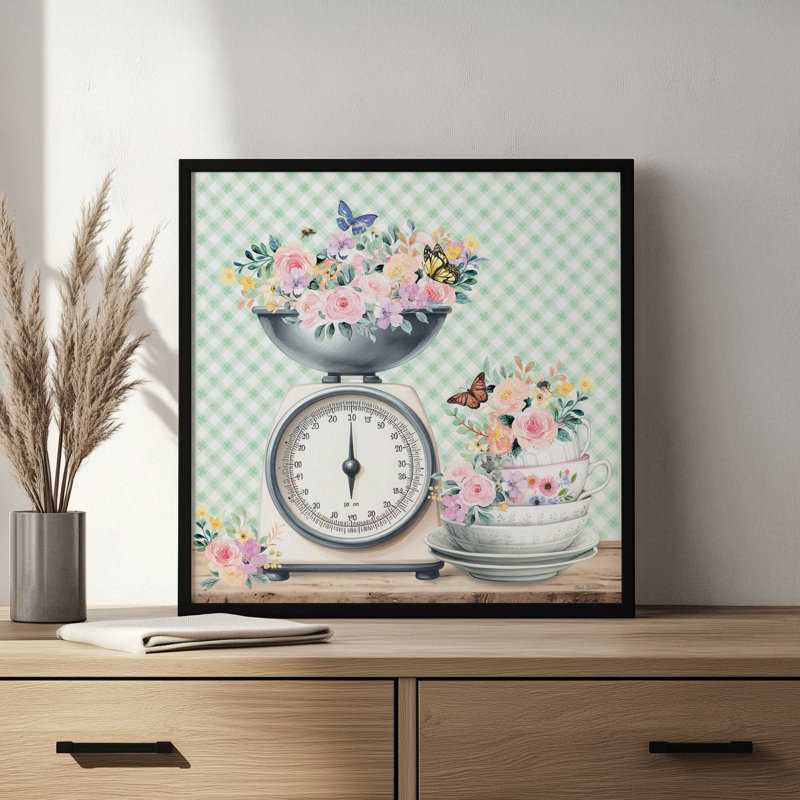 Échelle de cuisine et vaisselle avec fleurs par Nicole DeCamp, reproduction d'art, H 31,5 po x l 31,5 po, Argent