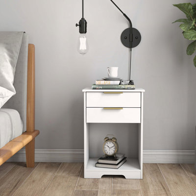 Modern Nightstand with 2 Drawers, Open Space, and Golden Handles
