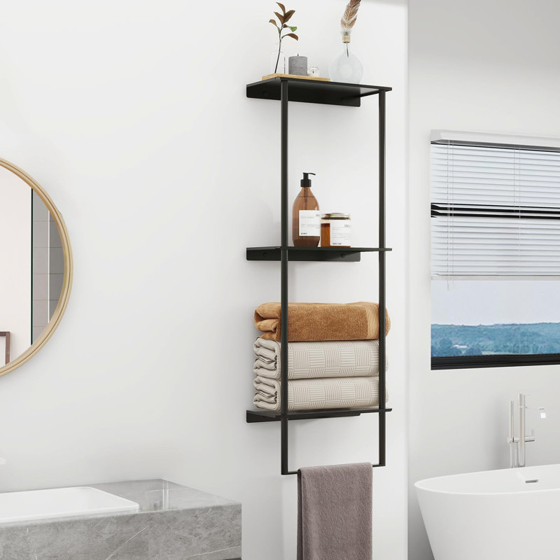 Rangement à serviettes pour salle de bain, porte-serviettes à 3 niveaux avec tablette et barre à serviettes, porte-serviettes mural pour rangement et organisateur de serviettes de salle de bain - noir mat