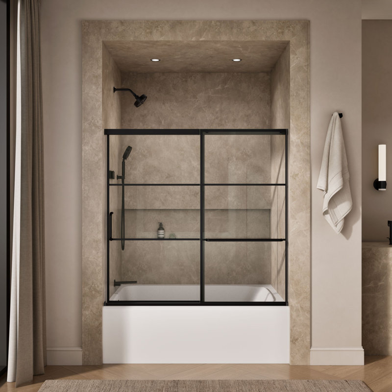Elate Sliding Bath Door, 56-3/4-In H X 56-1/4 - 59-5/8-In W, With 1/4-In Thick Frosted Glass With Rectangular Grille Pattern