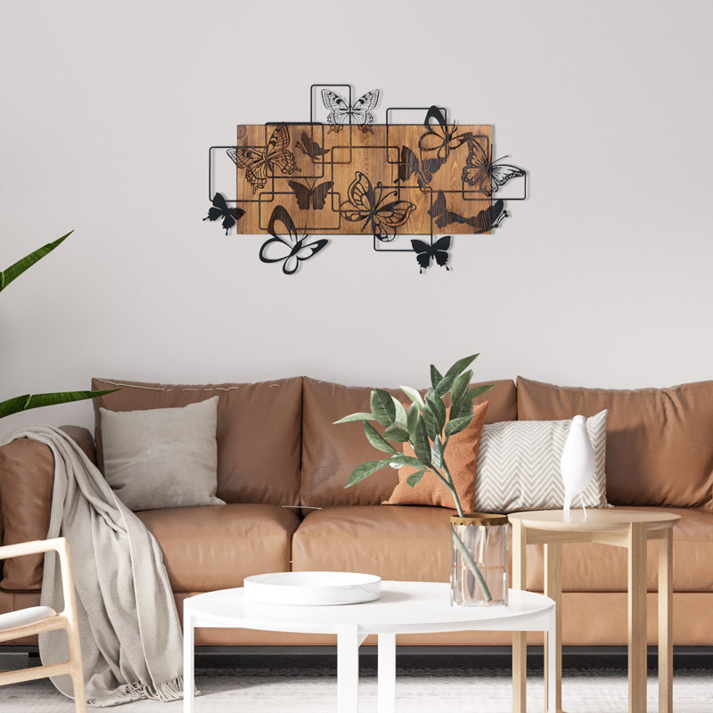 Elegant Decorative Wooden Wall Accessory, Black & Walnut, 28.7 x 16.7 inches | 100% Metal Frame (0.05 inches Thick) & Solid Wood (1.2 inches Thick) | Perfect for Modern Home Decor, Sturdy & Stylish Design