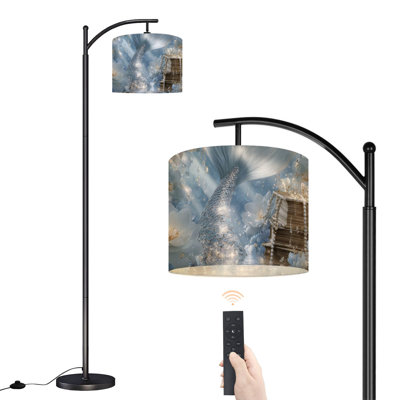  Arc Floor Lamp Silver Mermaid Tail Underwater Scene Pearls Sparkling Stars Floating Tall Modern Standing Lamp LED Adjustable Linen Lampshade 3 Color Temperatures