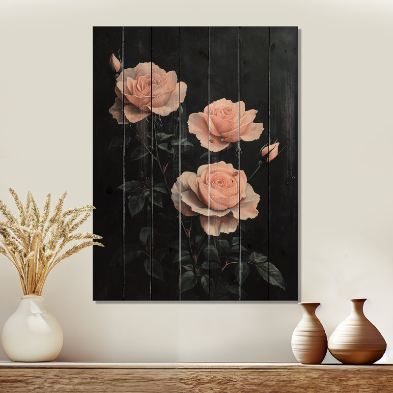 Pink Midnight Rose Elegance - Roses Wood Wall Decor - On Natural Pine Wood, 32" H x 24" W x 0.78" D