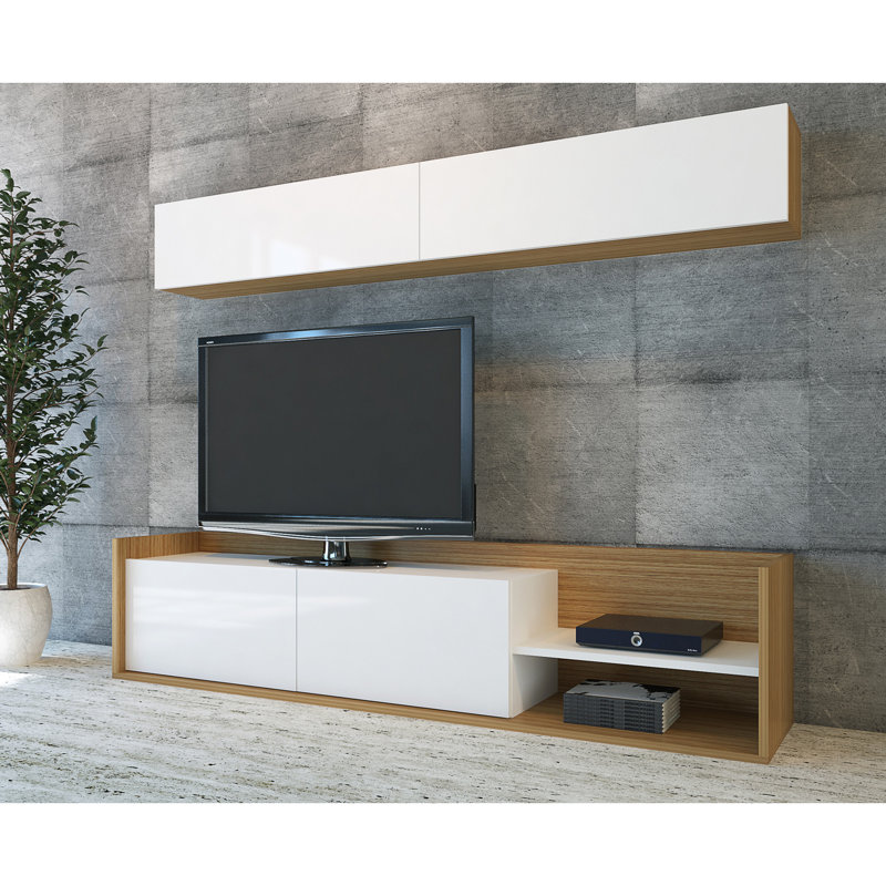 Meuble télé moderne avec tablette murale, blanc et teck, 70,9 po x 15,7 po x 14,7 po | 100% panneau de particules enduit de mélamine, épaisseur: 0,7 pouce | Nombreuses tablettes à fixation murale, parfaites pour les salons élégants