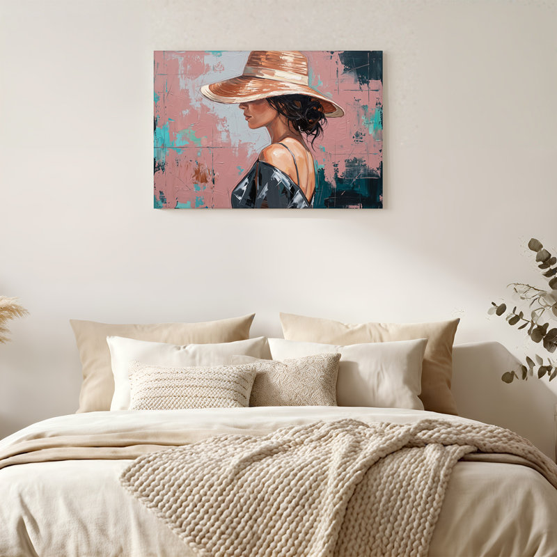 Femme au chapeau de paille sur fond rose et turquoise abstrait - Tableau sur toile, 28"H x 40"W