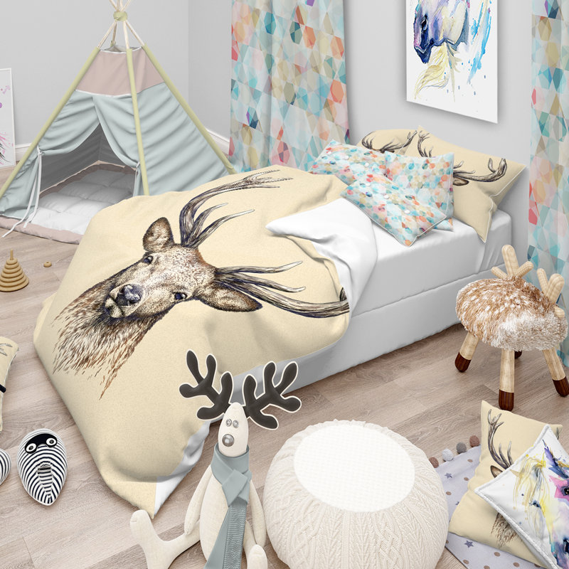 Ensemble de housse de couette designart engrave cerf d’esquisse d’animaux, Housse de couette grand + 2 taies décoratives