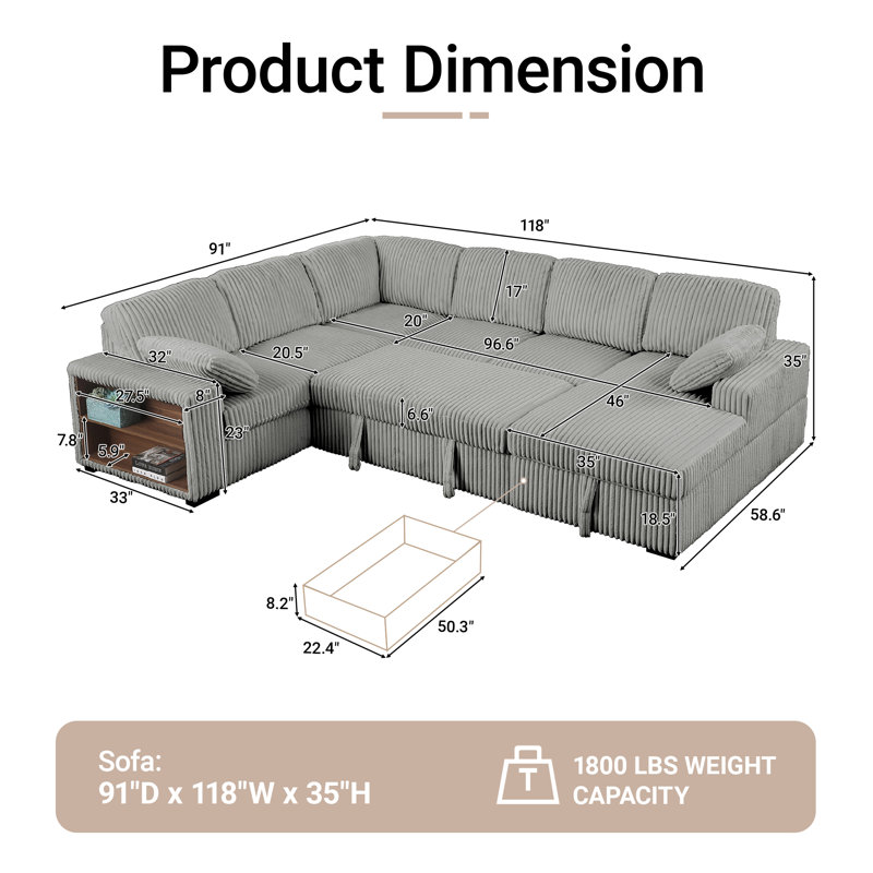 118" W Convertible Modular Sectional Sofa Bed Oversized Corduroy Pull-Out Sleeper Couch With Side Storage Shelves & Corner & Chaise Set
