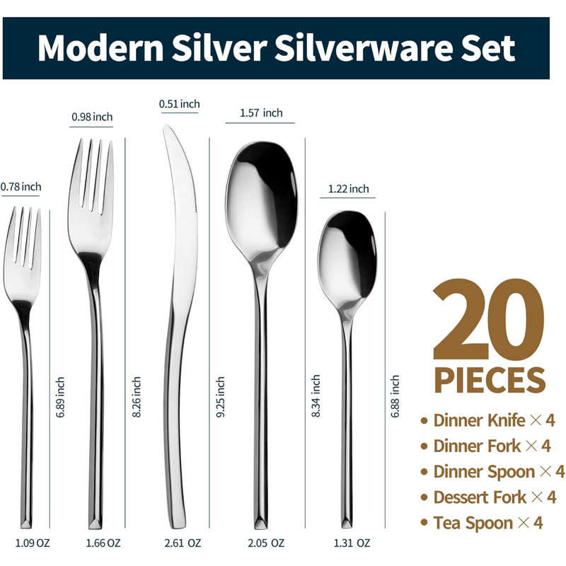 Ensemble de 20 couverts en acier inoxydable, couverts modernes avec un design unique pour 4 couverts, Argent argent