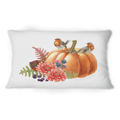 Pumpkin Autumn Arrangement With Birds -1 Casual Printed Throw Pillow