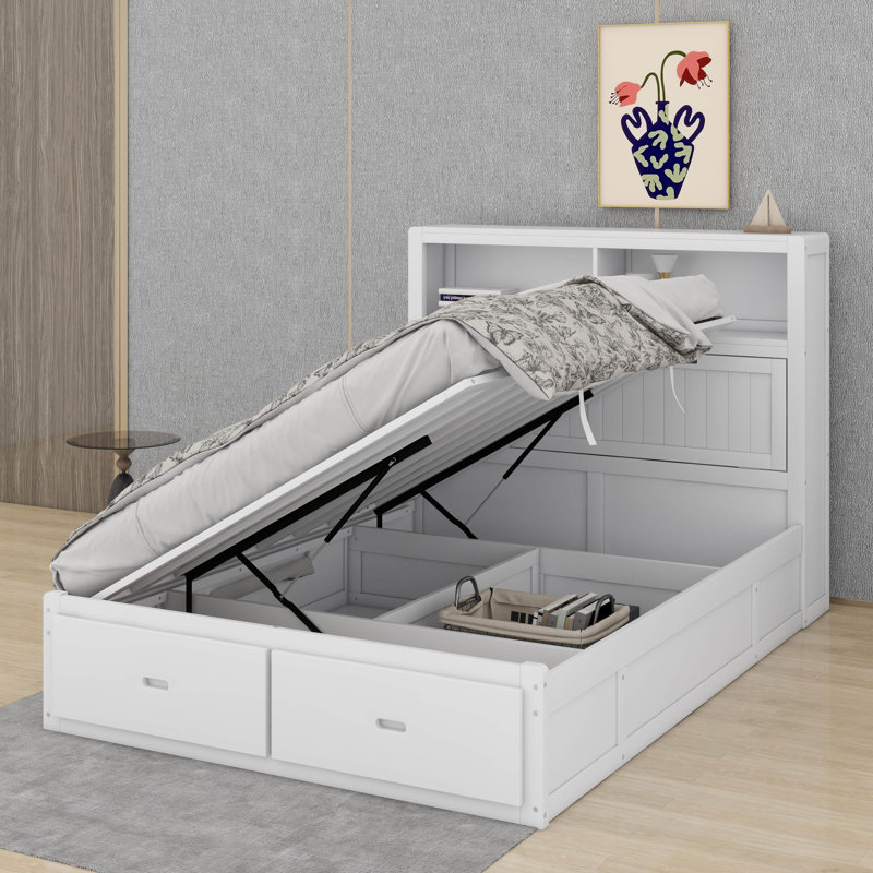 Wood Queen Size Hydraulic Platform Bed With Storage LED Headboard, Charging Station And Drawers, White