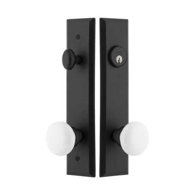 Ageless Iron Keep Tall Plate Entry Set with White Snow Porcelain Knob