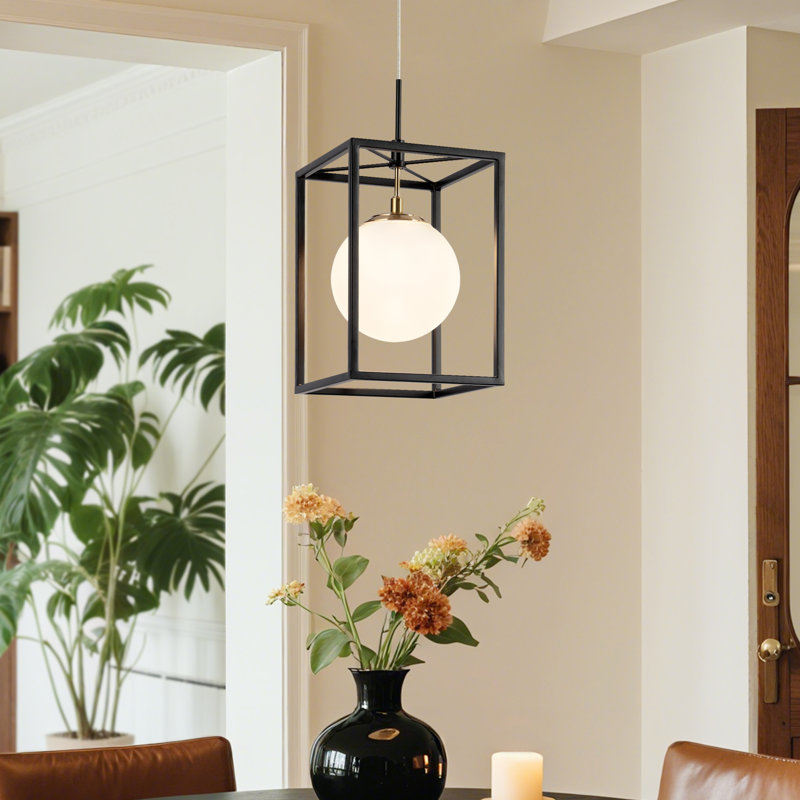 Dennell 1-Light Dimmable LED Modern Square Cage Pendant Light with Frosted Glass Globe