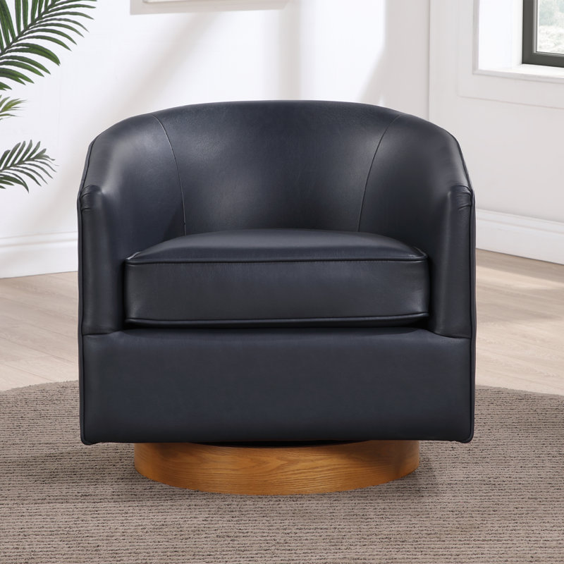 Asmi 29" Wide Swivel Barrel Accent Chair, Midnight Blue Faux Leather