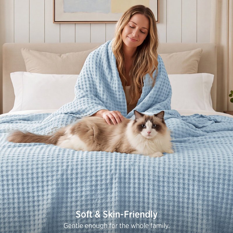 Bedsure Cotton & Rayon from Bamboo Waffle Blanket, Lightweight and Breathable for Year-Round Comfort, Skyway, Oversized King