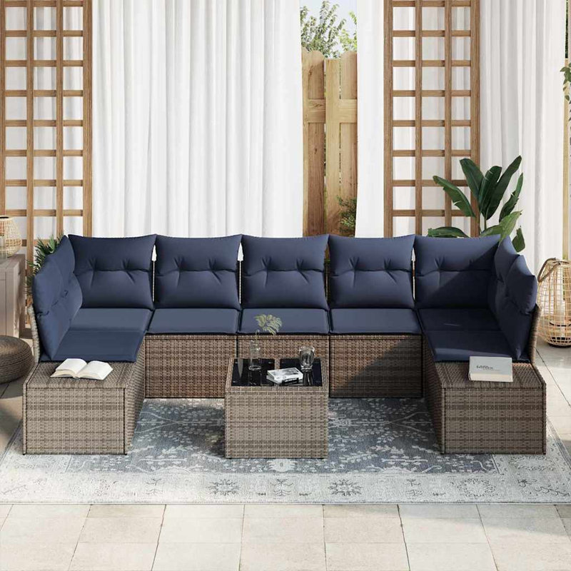 Ensemble de canapé vidaXL avec coussin 8 pièces synthétique gris: rotin de polyester, Coussin bleu marine / structure grise