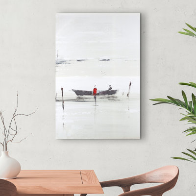 Bateau minimaliste sur le lac - toile grise décorative